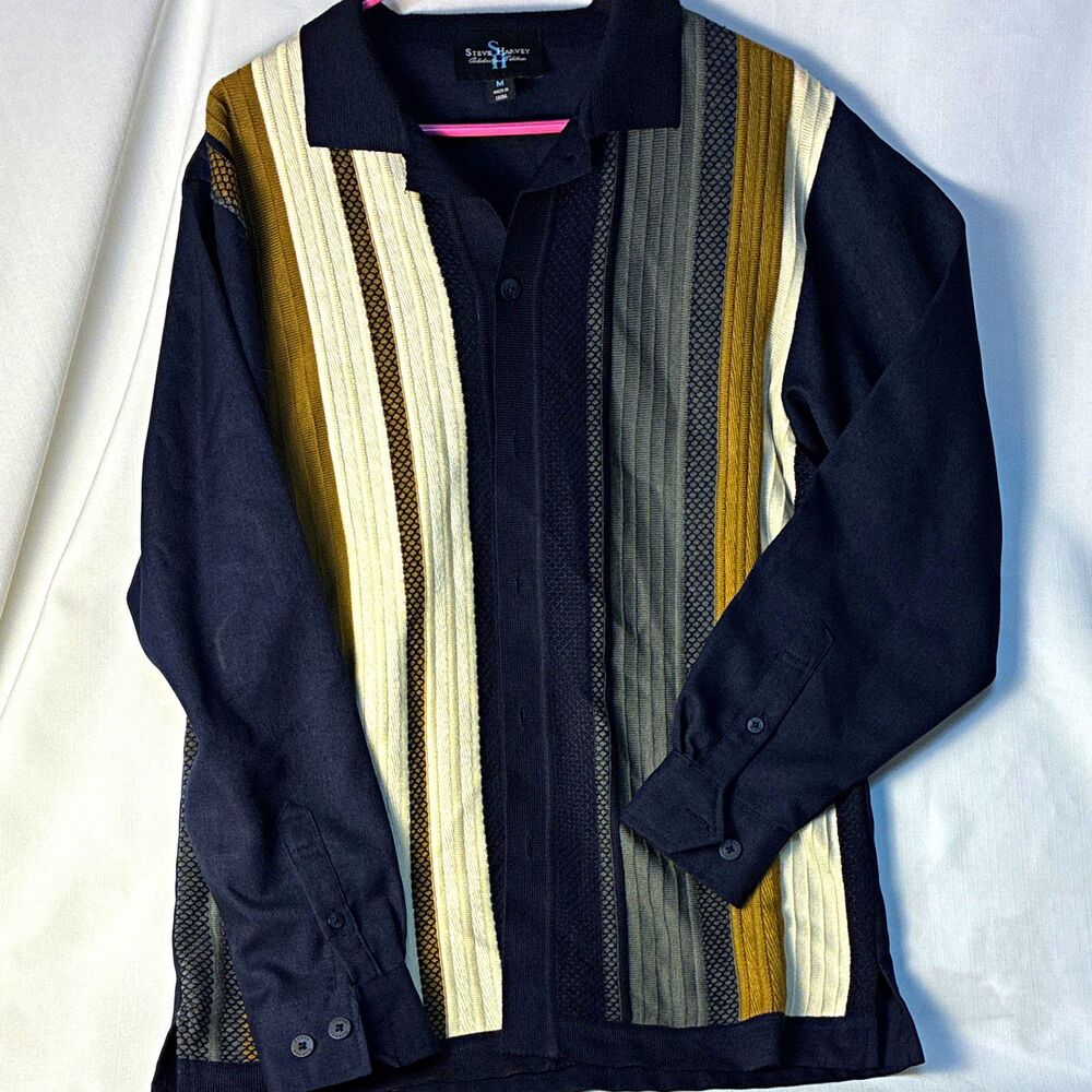 Steve Harvey Celebrity Edition Men's M Long Sleeve Knit Polo Striped Navy